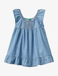 Benetton Frilled-hem Shirred-back Cotton-chambray Mini Dress 1-6 Years