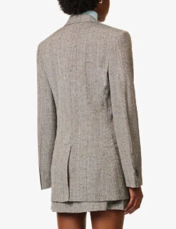Bottega Veneta Single-breasted Padded-shoulders Woven Blazer 8 Bottega Veneta Single-breasted Padded-shoulders Woven Blazer -Selfridges Store R04159949 BROWNWHITEBLUE ALT03