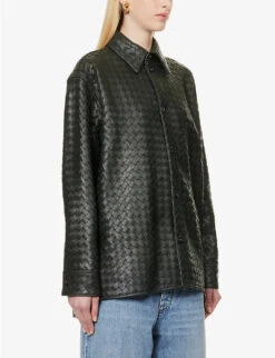 Bottega Veneta Intrecciato Dipped-hem Leather Shirt -Selfridges Store R04159965 DARKGREEN ALT02