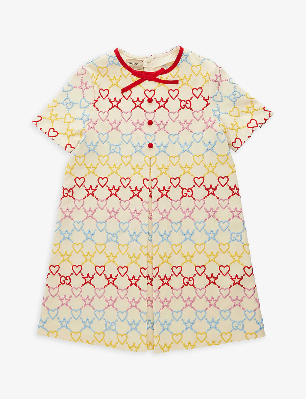 Gucci Embroidered-branding Bow-design Stretch-woven Dress 6-12 Years 1 Gucci Embroidered-branding Bow-design Stretch-woven Dress 6-12 Years