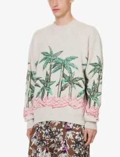 Palm Angels Palm Rows Graphic-print Knitted Jumper -Selfridges Store R04166073 BUTTERGREEN ALT02