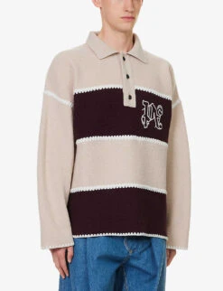 Palm Angels Monogram Striped Wool-blend Polo Shirt -Selfridges Store R04166077 BEIGEBORDEAUX ALT02