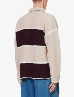 Palm Angels Monogram Striped Wool-blend Polo Shirt -Selfridges Store R04166077 BEIGEBORDEAUX ALT03