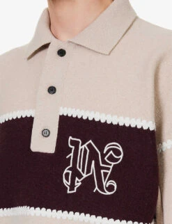 Palm Angels Monogram Striped Wool-blend Polo Shirt -Selfridges Store R04166077 BEIGEBORDEAUX ALT04