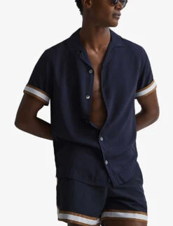 Reiss Valbonne Cuban-collar Short-sleeve Woven Shirt -Selfridges Store R04169109 NAVYTOBACCO ALT02