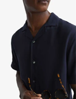 Reiss Valbonne Cuban-collar Short-sleeve Woven Shirt -Selfridges Store R04169109 NAVYTOBACCO ALT04
