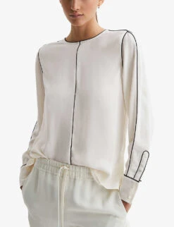 Reiss Estella Contrast-tip Long-sleeve Stretch-woven Blouse -Selfridges Store R04169209 CREAM ALT02