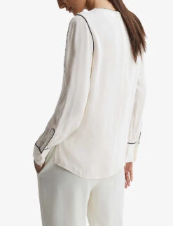 Reiss Estella Contrast-tip Long-sleeve Stretch-woven Blouse -Selfridges Store R04169209 CREAM ALT03