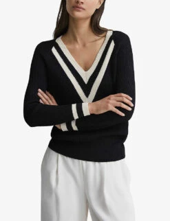Reiss Matilda V-neck Knitted Jumper -Selfridges Store R04169319 BLACKWHITE ALT02