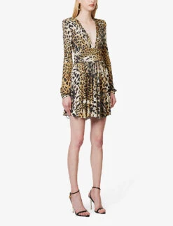 Roberto Cavalli Leopard-print V-neck Woven Mini Dress -Selfridges Store R04180663 MULTICOLOUR ALT02