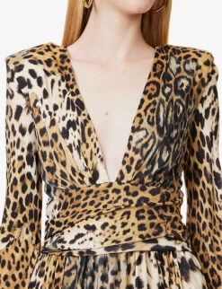 Roberto Cavalli Leopard-print V-neck Woven Mini Dress -Selfridges Store R04180663 MULTICOLOUR ALT04