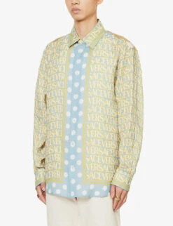 Versace Brand-print Contrast-panel Regular-fit Linen Shirt -Selfridges Store R04181572 LIGHTBLUEIVORY ALT02