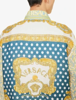Versace Brand-print Contrast-panel Regular-fit Linen Shirt -Selfridges Store R04181572 LIGHTBLUEIVORY ALT04