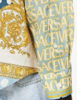 Versace Brand-print Contrast-panel Regular-fit Linen Shirt -Selfridges Store R04181572 LIGHTBLUEIVORY ALT05