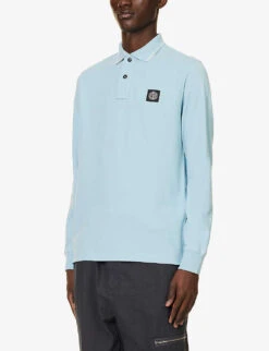 Stone Island Logo-badge Long-sleeved Stretch-cotton-piqué Polo Shirt -Selfridges Store R04188776 SKYBLUE ALT02