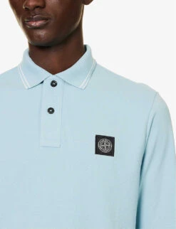 Stone Island Logo-badge Long-sleeved Stretch-cotton-piqué Polo Shirt -Selfridges Store R04188776 SKYBLUE ALT04