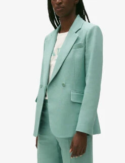 CLAUDIE PIERLOT Double-breasted Straight-fit Stretch Linen-blend Blazer 7 CLAUDIE PIERLOT Double-breasted Straight-fit Stretch Linen-blend Blazer -Selfridges Store R04189884 VERTS ALT02