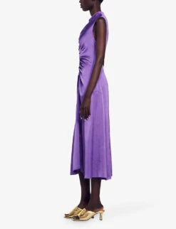 Sandro Titanic Ruched-bodice Sleeveless Satin Midi Dress -Selfridges Store R04197708 VIOLETS ALT02