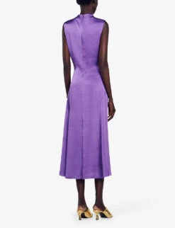 Sandro Titanic Ruched-bodice Sleeveless Satin Midi Dress -Selfridges Store R04197708 VIOLETS ALT03