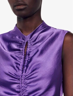 Sandro Titanic Ruched-bodice Sleeveless Satin Midi Dress -Selfridges Store R04197708 VIOLETS ALT04