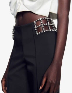 Sandro Duchamp High-rise Rhinestone-panel Stretch-woven Trousers -Selfridges Store R04197746 NOIRGRIS ALT04