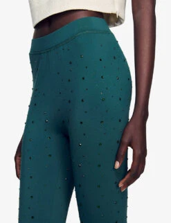 Sandro Clotilde High-rise Rhinestone-embellished Stretch-woven Trousers -Selfridges Store R04197763 VERTS ALT04